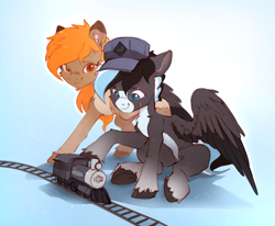 Size: 2117x1741 | Tagged: safe, artist:itssim, oc, oc only, oc:autumn breeze, oc:squall windfeather, earth pony, pegasus, pony, commission, duo, duo male and female, earth pony oc, female, male, mare, model train, pegasus oc, sitting, smiling, stallion, toy train, train, train tracks, unshorn fetlocks, wings