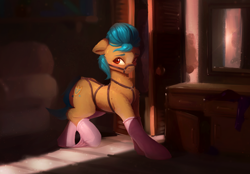 Size: 3522x2451 | Tagged: safe, artist:itssim, hitch trailblazer, earth pony, pony, g5, blushing, bridle, clothes, cute, dock, floppy ears, harness, high res, hitchbetes, indoors, male, socks, solo, stallion, tack, tail