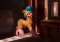 Size: 3522x2451 | Tagged: safe, alternate version, artist:itssim, hitch trailblazer, earth pony, pony, g5, blushing, bridle, clothes, cute, dock, floppy ears, high res, hitchbetes, indoors, male, socks, solo, stallion, tack, tail