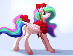 Size: 2910x2238 | Tagged: safe, artist:itssim, princess celestia, alicorn, pony, g4, butt, chest fluff, cute, cutelestia, female, flower, flower in hair, flower in tail, folded wings, high res, horn, looking at you, looking back, looking back at you, mare, plot, rose, smiling, smiling at you, solo, sunbutt, tail, wings