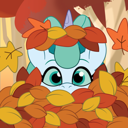 Size: 1200x1200 | Tagged: safe, artist:prixy05, oc, oc only, oc:prixy, pony, unicorn, g5, my little pony: tell your tale, adoraprixy, bow, colored sclera, female, hair bow, horn, leaf, leaf pile, leaves, mare, solo