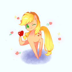 Size: 1200x1200 | Tagged: safe, artist:fudiaodiaodiao, applejack, earth pony, pony, g4, apple, cute, female, food, jackabetes, leaf, mare, one eye closed, simple background, solo, white background, wink