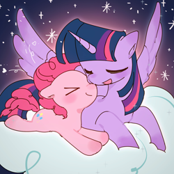 Size: 1024x1024 | Tagged: safe, artist:凨凨, pinkie pie, twilight sparkle, alicorn, earth pony, pony, g4, ><, cloud, cute, daaaaaaaaaaaw, eyes closed, female, lesbian, lying down, mare, night, nuzzling, open mouth, prone, ship:twinkie, shipping, smiling, sparkles, twilight sparkle (alicorn)