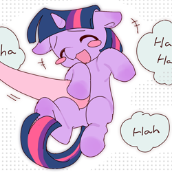 Size: 1024x1024 | Tagged: safe, artist:凨凨, pinkie pie, twilight sparkle, earth pony, pony, unicorn, g4, bellyrubs, blush sticker, blushing, cute, eyes closed, female, giggling, horn, lying down, mare, on back, open mouth, open smile, outline, patterned background, smiling, speech bubble, tickling, twiabetes, white outline