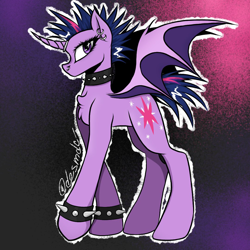 Size: 1080x1080 | Tagged: safe, artist:desmdc_, twilight sparkle, bat pony, pony, unicorn, g4, alternate hairstyle, alternate tailstyle, bat ponified, bat wings, chest fluff, choker, ear piercing, earring, female, full body, horn, horn ring, jewelry, mare, nose piercing, outline, piercing, race swap, ring, signature, solo, spiked choker, spiked wristband, starry eyes, tail, wingding eyes, wings, wristband