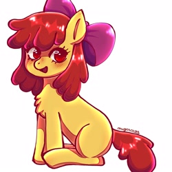 Size: 1600x1600 | Tagged: safe, artist:mugencony, apple bloom, earth pony, pony, g4, blank flank, blushing, chest fluff, female, filly, foal, open mouth, simple background, sitting, smiling, solo, white background