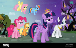 Size: 1300x821 | Tagged: safe, applejack, fluttershy, pinkie pie, rainbow dash, rarity, twilight sparkle, alicorn, earth pony, pegasus, pony, unicorn, g4, princess twilight sparkle (episode), season 4, alamy, big crown thingy, black vine, element of generosity, element of honesty, element of kindness, element of laughter, element of loyalty, element of magic, elements of harmony, horn, jewelry, mane six, ponyville, regalia, solo, twilight sparkle (alicorn)