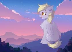 Size: 2139x1536 | Tagged: safe, artist:maxi_ponie, derpy hooves, pegasus, pony, g4, chest fluff, cloud, female, folded wings, mare, mountain, open mouth, open smile, outdoors, signature, sitting, sky, smiling, solo, tail, wings