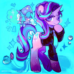 Size: 750x750 | Tagged: source needed, safe, artist:brucebrandon, starlight glimmer, trixie, pony, unicorn, g4, cape, clothes, duo, female, hat, horn, mare, necktie