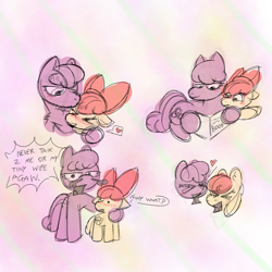 Size: 2048x2048 | Tagged: safe, artist:blossomeclipse, apple bloom, cheerilee, earth pony, pony, g4, age difference, apple bloom's bow, blushing, book, bow, cheeribloom, dialogue, doodle, dot eyes, duo, female, filly, foal, forehead kiss, hair bow, heart, kissing, lesbian, mare, reading, reddit url, shipping, sketch, smiling, snorting, student and teacher, teacher and student, text, yelling