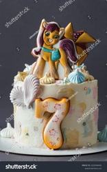 Size: 1001x1600 | Tagged: safe, artist:alexanderon, sunny starscout, g5, 7, birthday cake, cake, faic, female, food, gingerbread (food), irl, mare, nightmare fuel, obtrusive watermark, ominous description, photo, scary, seven, shutterstock, solo, stock image, terrifying, uncanny valley, unintentionally creepy, watermark, wtf