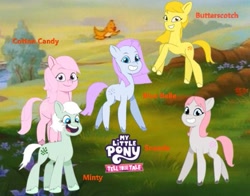 Size: 563x442 | Tagged: safe, artist:oljapisanik, blossom, blue belle, butterscotch (g1), cotton candy (g1), minty (g1), snuzzle, earth pony, g1, g5, my little pony: tell your tale, female, g1 to g5, generation leap, mare, original six