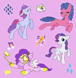 Size: 563x580 | Tagged: safe, artist:naomi romero, artist:oljapisanik, cloudpuff, melody, pipp petals, rarity, sparkler (g1), dog, earth pony, pegasus, pony, unicorn, g1, g4, g5, my little pony tales, cellphone, concave belly, eyes closed, female, g1 to g5, g4 to g5, generation leap, glasses, heart shaped glasses, horn, looking at you, mare, one eye closed, phone, pipp and her heroine, recolor, slender, thin, tongue out, winged dog, wings, wink, winking at you