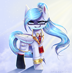 Size: 2958x3000 | Tagged: safe, artist:opal_radiance, oc, oc only, oc:opal rosamond, pegasus, pony, equestria at war mod, clothes, eyebrows, female, grin, high res, mare, military uniform, pegasus oc, shadow, signature, smiling, solar empire, solo, uniform