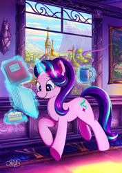 Size: 2480x3508 | Tagged: safe, artist:jowyb, starlight glimmer, pony, unicorn, g4, backwards cutie mark, cake, female, food, glowing, glowing horn, horn, magic, magic aura, mare, mug, walking