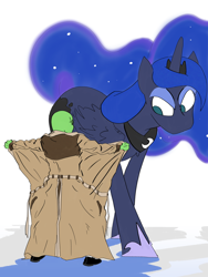 Size: 3600x4800 | Tagged: safe, artist:ponny, princess luna, oc, oc:anon, alicorn, human, pony, g4, angry, clothes, crown, drawthread, duo, female, flashing, hoof shoes, horse sized pony, jewelry, looking down, luna is not amused, male, mare, open clothes, peytral, princess shoes, reacting to nudity, regalia, requested art, simple background, size difference, trenchcoat, unamused, walking, white background