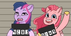 Size: 562x290 | Tagged: safe, artist:oljapisanik, pinkie pie, twilight sparkle, earth pony, pegasus, g4, g5, my little pony: tell your tale, the game is ahoof, spoiler:g5, spoiler:my little pony: tell your tale, barbie mugshot meme, duo, earth pony twilight, g4 to g5, g5 concept leaks, generation leap, meme, mugshot, pegasus pinkie pie, pinkie pie (g5 concept leak), race swap, twilight sparkle (g5 concept leak), twilight sparkle is not amused, unamused