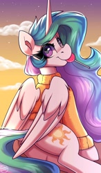 Size: 1750x3000 | Tagged: safe, artist:shadowreindeer, princess celestia, alicorn, pony, g4, candy, clothes, cute, cutelestia, dock, female, food, lollipop, looking at you, looking back, looking back at you, mare, mouth hold, solo, sweater, tail