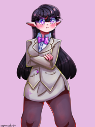 Size: 2550x3408 | Tagged: safe, artist:mylittleyuri, octavia melody, human, g4, :t, blush lines, blushing, bowtie, breasts, clothes, colored eyebrows, crossed arms, cute, cutie mark on clothes, elf ears, eye clipping through hair, eyebrows, eyebrows visible through hair, eyelashes, female, frown, heart, heart eyes, high res, humanized, jacket, long eyelashes, looking up, octavia is not amused, octavia's bowtie, pantyhose, pink background, shirt, signature, simple background, skirt, solo, tavibetes, thighs, thunder thighs, tsundere, turned head, unamused, wingding eyes