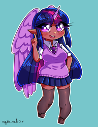 Size: 2550x3300 | Tagged: safe, artist:mylittleyuri, twilight sparkle, human, g4, alicorn humanization, blue background, blushing, breasts, chibi, clothes, cute, elf ears, female, flats, heart, heart eyes, horned humanization, humanized, necktie, open mouth, shirt, shoes, simple background, skirt, socks, stockings, sweater vest, thigh highs, twiabetes, wingding eyes, winged humanization