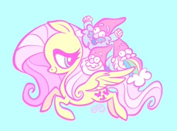 Size: 2048x1516 | Tagged: safe, artist:janegumball, part of a set, fluttershy, gnome, pegasus, pony, g4, big eyes, big head, blue background, crossover, female, flying, gravity falls, group, lidded eyes, long mane, long tail, looking at someone, looking back, mare, pink mane, pink tail, profile, puking rainbows, quartet, riding, riding a pony, signature, simple background, smiling, spread wings, striped mane, striped tail, tail, thin, two toned mane, two toned tail, vomiting, wings, yellow coat