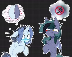 Size: 1928x1532 | Tagged: safe, artist:flixanoa, oc, oc only, oc:fef, oc:scrimmy, bat pony, pony, unicorn, bat pony oc, belly fluff, big eyes, blue blush, blue coat, blue mouth, blue tongue, blushing, censored, chest fluff, colored mouth, colored tongue, colored wings, duo, duo male, ear fluff, ear piercing, ear tufts, earring, emanata, eye clipping through hair, eyebrows, eyebrows visible through hair, fangs, floppy ears, fluffy, flustered, gauges, gay, gray coat, green tail, grid background, heterochromia, hock fluff, holding hooves, hoof hold, hooves together, horn, human shoulders, jewelry, lewd, lewd thoughts, lidded eyes, light blue coat, long mane, long mane male, looking at someone, looking away, male, male oc, nervous, nervous smile, nose blush, oc x oc, open mouth, open smile, outline, palindrome get, partially open wings, patterned background, piercing, plewds, procreate app, shipping, shoulder fluff, signature, slender, smiling, smiling at someone, stallion, stallion oc, tail, text, thick horn, thin, thinking, thought bubble, three toned mane, two toned mane, two toned wings, unicorn oc, wings, ych example, your character here