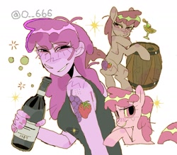 Size: 1425x1240 | Tagged: safe, artist:poneko-chan, berry punch, berryshine, earth pony, human, pony, g4, alcohol, barrel, big eyes, blush lines, blush scribble, blushing, bottle, bubble, clothes, cutie mark tattoo, drink, drunk, ear blush, emanata, eyelashes, female, frown, holding, human paradox, humanized, keg, knee blush, leg blush, lidded eyes, lighter coat, looking back, mare, martini, nose blush, painted nails, pink coat, pink eyes, pink hair, pink mane, pink nail polish, pink skin, pink tail, raised hoof, raised hooves, shiny hair, shiny mane, shiny tail, signature, simple background, sitting, smiling, sparkles, squeans, sweat, sweatdrop, tail, tank top, tattoo, thinking, triality, white background, wine bottle