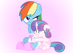 Size: 1920x1400 | Tagged: safe, artist:snowflakepone, princess flurry heart, rainbow dash, alicorn, pegasus, pony, g4, angry, blue coat, booties, curly mane, cute, diaper, diapered, duo, duo female, eyes closed, eyes open, female, filly, foal, folded wings, frown, gradient background, hug, looking away, mare, multicolored hair, non-baby in diaper, pink background, purple eyes, rainbow dash is not amused, rainbow hair, simple background, sitting, unamused, white diaper, wings