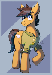 Size: 1383x2000 | Tagged: safe, artist:bkiltersot, quibble pants, earth pony, pony, g4, blue background, blue eyes, clothes, green shirt, looking at you, male, raised leg, shirt, simple background, solo, stallion