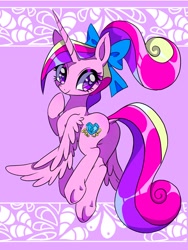 Size: 1200x1600 | Tagged: safe, artist:stacy_165cut, princess cadance, alicorn, pony, g4, abstract background, big eyes, blue bow, bow, butt, curly mane, curly tail, cute, cutedance, dock, female, filigree, flying, hair accessory, hair bow, horn, long horn, long mane, long tail, looking back, lovebutt, mane accessory, mare, patterned background, pink coat, plot, purple eyes, raised hoof, shiny mane, shiny tail, smiling, solo, sparkly eyes, tail, teen princess cadance, three toned mane, three toned tail, underhoof, unicorn horn, wing fluff, wingding eyes, wings, wings down, young cadance