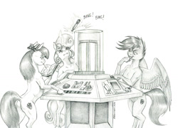 Size: 1500x1081 | Tagged: safe, artist:baron engel, apple bloom, scootaloo, sweetie belle, earth pony, pegasus, unicorn, semi-anthro, g4, butt, collarbone, concave belly, cutie mark crusaders, doctor who, female, horn, human shoulders, mare, monochrome, pencil drawing, plot, quadrupedal, simple background, slender, sonic screwdriver, tardis, thin, traditional art, white background