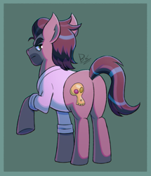 Size: 1707x1984 | Tagged: safe, artist:bkiltersot, doctor caballeron, earth pony, pony, g4, beard, butt, clothes, facial hair, frown, green background, green eyes, male, passepartout, plot, shirt, simple background, solo, stallion, white shirt