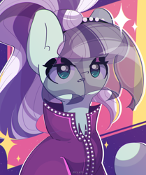 Size: 2300x2750 | Tagged: safe, artist:miryelis, coloratura, earth pony, pony, g4, abstract background, big ears, clothes, female, long hair, looking at you, mare, raised hoof, solo, sparkles