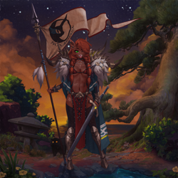 Size: 3000x3000 | Tagged: safe, artist:dogs, derpibooru exclusive, oc, cat, anthro, anthro oc, banner, collage, harbingers of the apocalypse, photoshop, scenery, spear, sunset, sword, tree, weapon