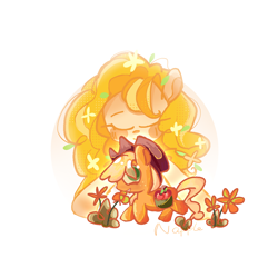 Size: 1536x1536 | Tagged: safe, artist:n apple, applejack, pear butter, earth pony, pony, g4, apple, eyes closed, female, flower, food, mare, mother and child, mother and daughter, saddle basket, simple background, text, white background