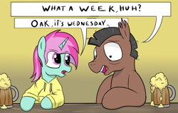 Size: 2500x1600 | Tagged: safe, artist:amateur-draw, oc, oc only, oc:belle boue, oc:oak wood, earth pony, pony, unicorn, alcohol, bar, beer, beer mug, clothes, dialogue, drink, duo, duo male, gradient background, hoodie, horn, male, meme, messy mane, mug, ponified meme, reference, small eyes, speech bubble, stallion, text, the adventures of tintin, tintin, tired, tired eyes, unicorn oc, wednesday