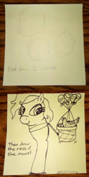 Size: 2334x4633 | Tagged: source needed, safe, artist:wren, oc, oc only, oc:legmare, bird, chicken, pony, balloon, basket, draw the rest of the horse, egg, floating, legmare, monochrome, simple background, sketch, sticky note, traditional art