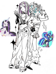 Size: 750x1000 | Tagged: source needed, safe, artist:qiyuesongguo, princess celestia, princess luna, human, equestria girls, g4, 80s princess luna, punklestia, screencap reference, simple background, solo, white background