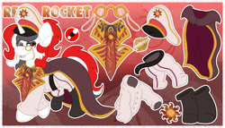 Size: 3500x2000 | Tagged: safe, artist:euspuche, oc, oc only, oc:red rocket, unicorn, equestria at war mod, badge, belt, boots, cape, clothes, collar, eyeshadow, glasses, gradient background, hat, horn, insignia, makeup, necktie, pants, passepartout, peaked cap, reference sheet, shirt, shoes, solar empire, solo