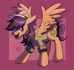 Size: 1688x1608 | Tagged: safe, artist:bkiltersot, daring do, pegasus, pony, g4, black hair, clothes, eye clipping through hair, female, green shirt, hat, mare, open mouth, open smile, red background, red eyes, shirt, simple background, smiling, solo, spread wings, wings