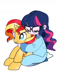 Size: 1600x1900 | Tagged: safe, artist:cheesesauce_45, sci-twi, sunset shimmer, twilight sparkle, human, pony, unicorn, equestria girls, g4, bangs, blush sticker, blushing, clothes, cute, eyebrows, eyelashes, eyes closed, female, glasses, hnnng, holding a plushie, horn, hug, long hair, mare, pajamas, pants, plushie, pony plushie, purple skin, sci-twiabetes, shimmerbetes, shirt, simple background, sitting, socks, sunset shimmer plushie, sweet dreams fuel, three toned hair, twiabetes, white background