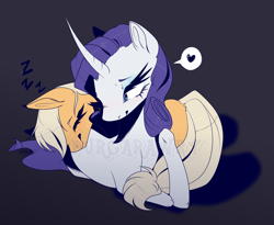 Size: 1614x1326 | Tagged: safe, artist:purgarawry, applejack, rarity, earth pony, pony, unicorn, g4, duo, female, horn, lesbian, onomatopoeia, ship:rarijack, shipping, sleeping on top of someone, sound effects, spoken heart, zzz