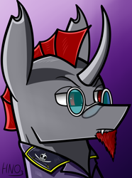 Size: 1248x1680 | Tagged: safe, artist:hno3, oc, oc only, changeling, equestria at war mod, equestria rises still (equestria at war submod), bust, changeling oc, clothes, facial hair, fangs, glasses, goatee, gradient background, gradient eyes, lidded eyes, narrowed eyes, portrait, red changeling, red eyes, skull, solo, sword, uniform, volistad, weapon