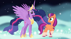 Size: 828x460 | Tagged: safe, artist:naomy0927, sunny starscout, twilight sparkle, alicorn, pony, g4, g5, magical mystery cure, my little pony: friendship is magic, alternate universe, duo, duo female, female, g5 to g4, generation leap, jewelry, mane stripe sunny, mare, older, older twilight, older twilight sparkle (alicorn), princess celestia's special princess making dimension, princess twilight 2.0, regalia, spread wings, sunny and her heroine, twilight sparkle (alicorn), wings