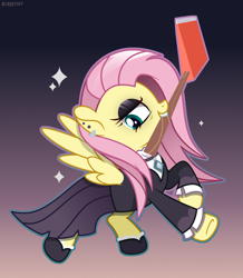 Size: 2965x3400 | Tagged: safe, artist:scarffist, fluttershy, pegasus, pony, g4, angry, axe, base used, clothes, ear piercing, earring, edgy, emo, eyeshadow, fluttergoth, goth, gradient background, gritted teeth, jewelry, makeup, piercing, pink mane, shirt, solo, sparkles, teeth, weapon, wings, yellow coat