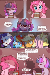 Size: 960x1440 | Tagged: safe, artist:cold-blooded-twilight, applejack, fluttershy, pinkie pie, rainbow dash, rarity, twilight sparkle, earth pony, pony, unicorn, cold blooded twilight, comic:cold storm, g4, alternate design, aura, blushing, comic, cute, cute little fangs, dialogue, eyepatch, eyes closed, fangs, female, flower, flower in hair, glowing, glowing eyes, hot sauce, implied cup cake, looking at you, mare, open mouth, shadow, speech bubble, sweat, sweatdrop, tankard, unicorn twilight