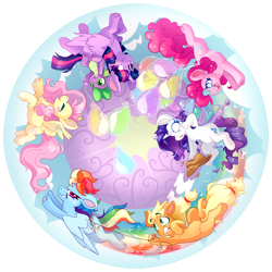 Size: 5479x5479 | Tagged: safe, artist:cutepencilcase, applejack, fluttershy, pinkie pie, rainbow dash, rarity, spike, twilight sparkle, alicorn, dragon, earth pony, pony, unicorn, g4, applejack's hat, balloon, butterfly wings, cowboy hat, dragons riding ponies, floating, flying, frisbee, hat, horn, lasso, male, mane seven, mane six, riding, riding a pony, rope, simple background, spike riding twilight, then watch her balloons lift her up to the sky, transparent background, twilight sparkle (alicorn), wingless spike, wings