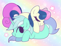 Size: 1970x1500 | Tagged: safe, artist:vivian reed, bon bon, lyra heartstrings, sweetie drops, earth pony, pony, unicorn, g4, cuddling, duo, duo female, female, horn, lesbian, lying down, lying on top of someone, ship:lyrabon, shipping