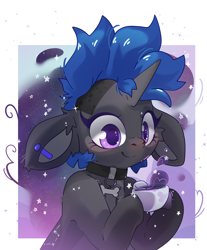 Size: 3509x4242 | Tagged: safe, artist:cutepencilcase, oc, oc only, pony, unicorn, abstract background, collar, cup, ear piercing, horn, looking at something, passepartout, piercing, solo, teacup, unicorn oc