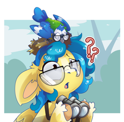 Size: 4304x4232 | Tagged: safe, artist:cutepencilcase, oc, oc only, bird, pegasus, pony, binoculars, glasses, open mouth, outdoors, passepartout, pegasus oc, question mark